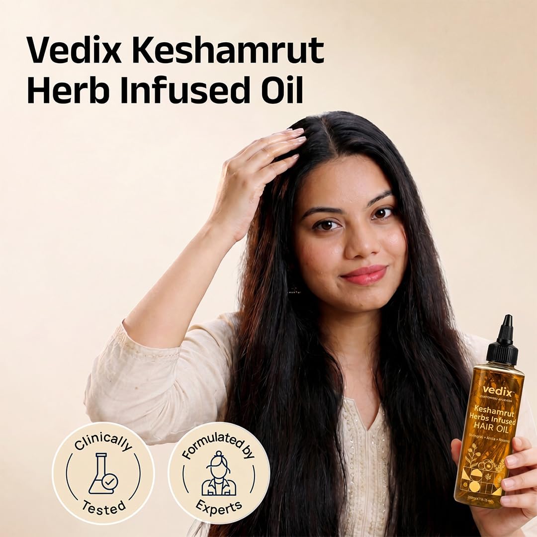 Vedix Keshamrut Herbs Infused Ayurvedic Hair Oil With Bhringraj, Amla & Rosemary I Control Hair Fall & Boost Hair Growth I 16+ Whole Herbs, Leaves & Flowers I No Mineral Oils & Chemicals (Pack of 3)
