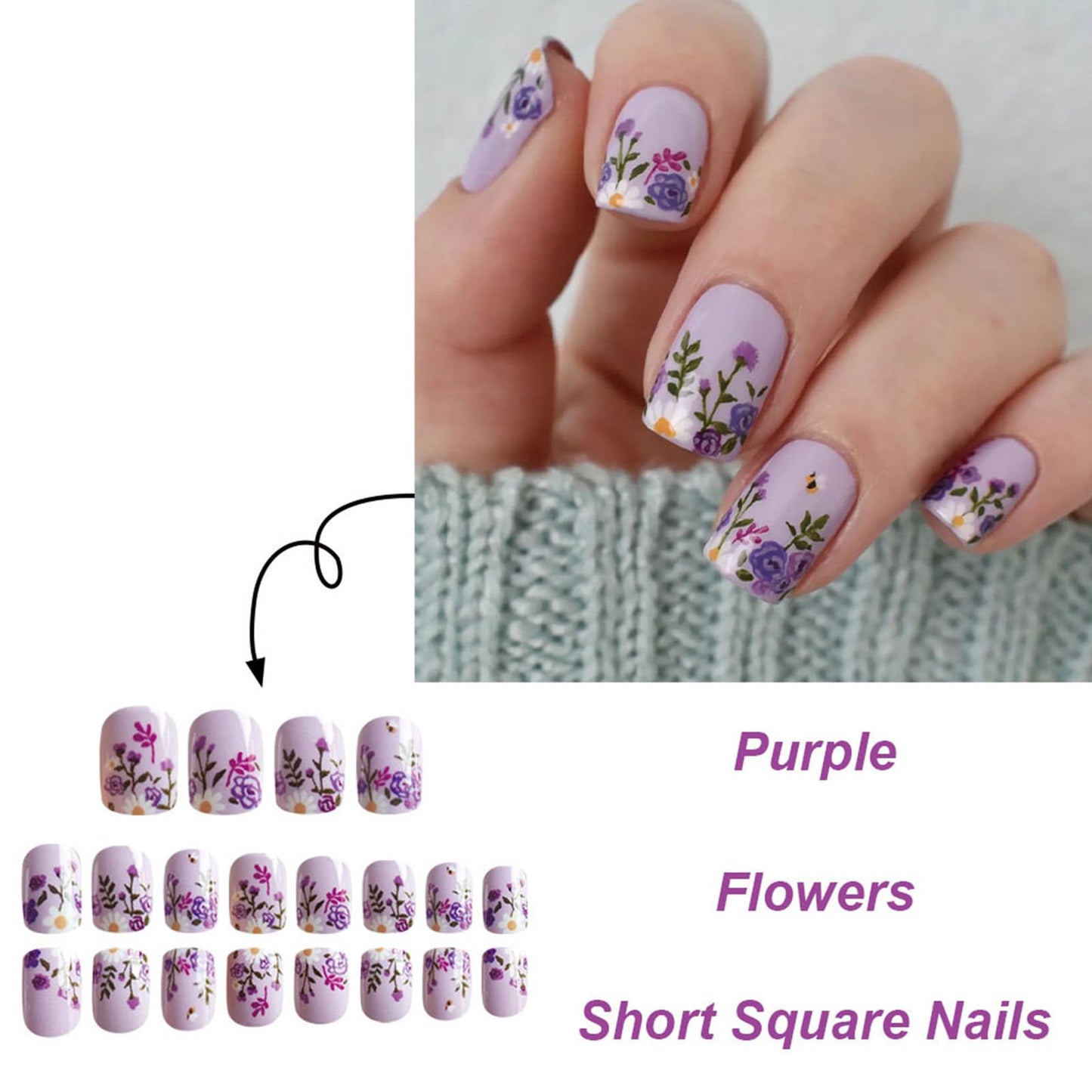 Purple Press on Nails Short Square Fake Nails Flower Bee Design Full Cover Glue on Nails Press ons Purple Flowers Acrylic False Nails Cute Artificial Stick on Nails for Women Girls 24 Pcs