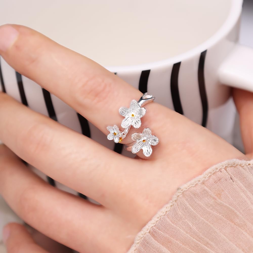 1 Pair Silver Dainty Camellia Flower Ring for Women Sparkling White Ring for Mother Daughter Elegant Wedding Jewelry Open Wrap Finger Band Graduation Gift