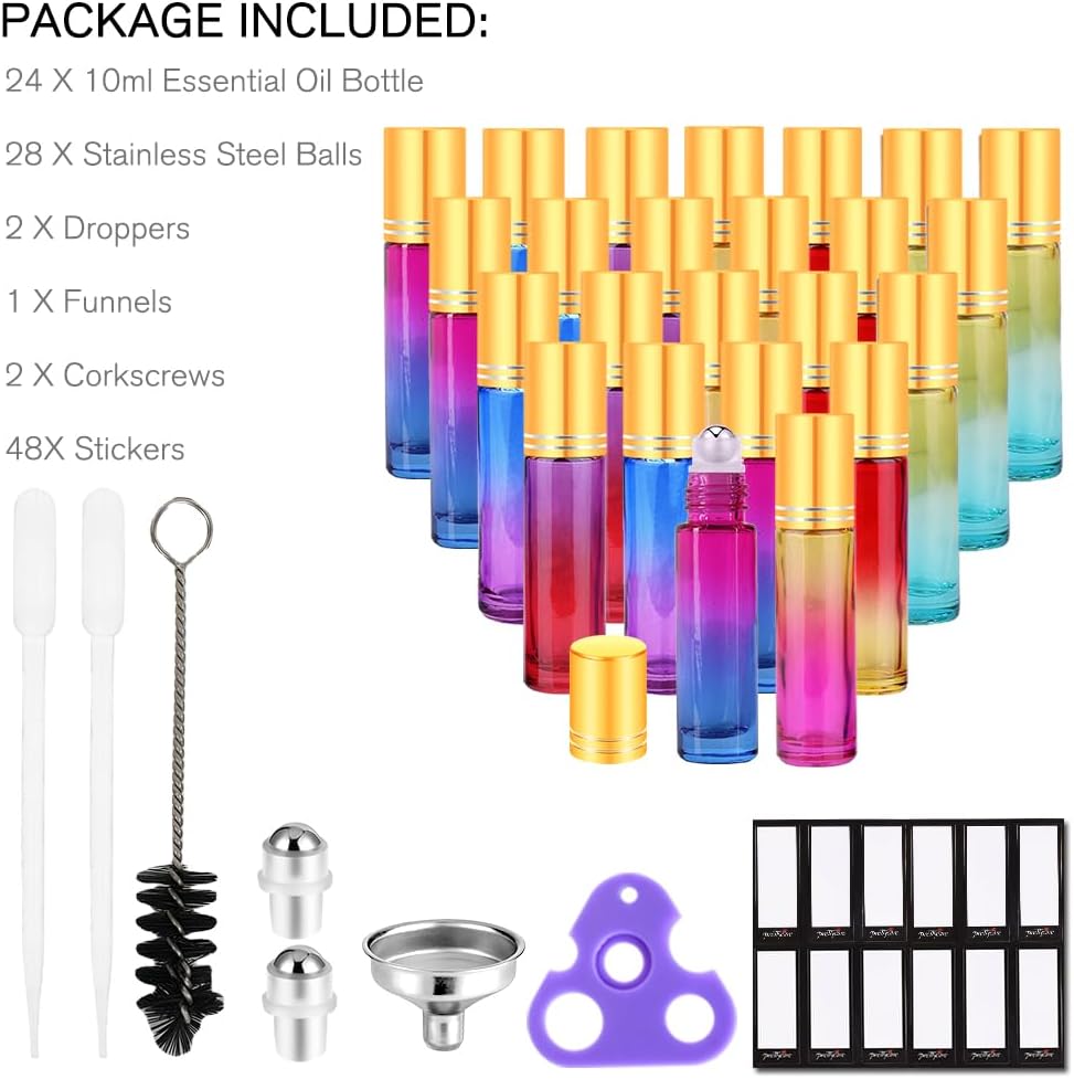 Essential Oil Roller Bottles Set of 24 | 10 ml Refillable Rainbow Glass with Stainless Steel Balls - Leak-Proof Travel Perfume Containers