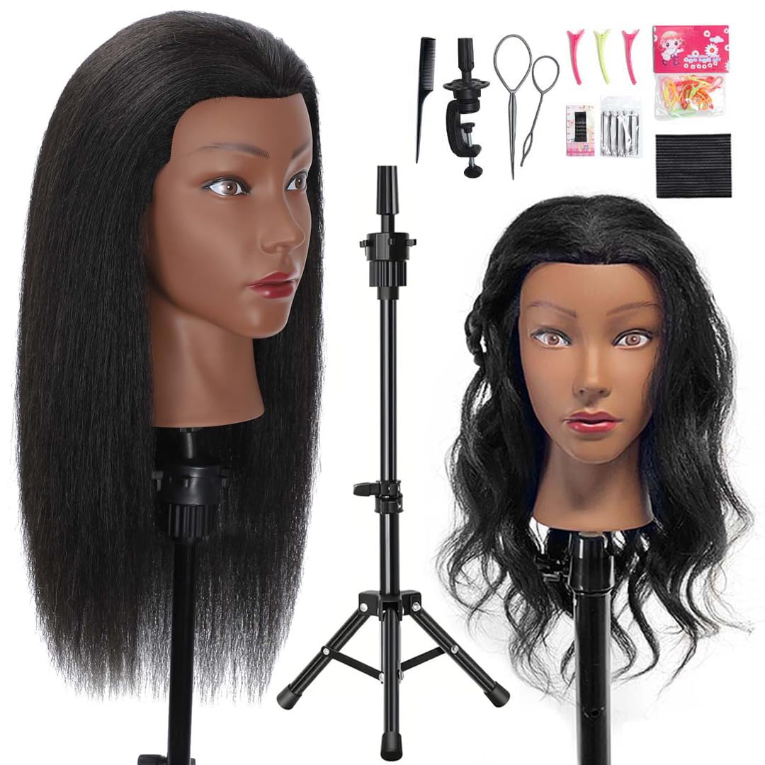 Mannequin Head - 100% Real Human Hair Cosmetology Practice Doll | 16 Inch with Clamp Holder & Tools