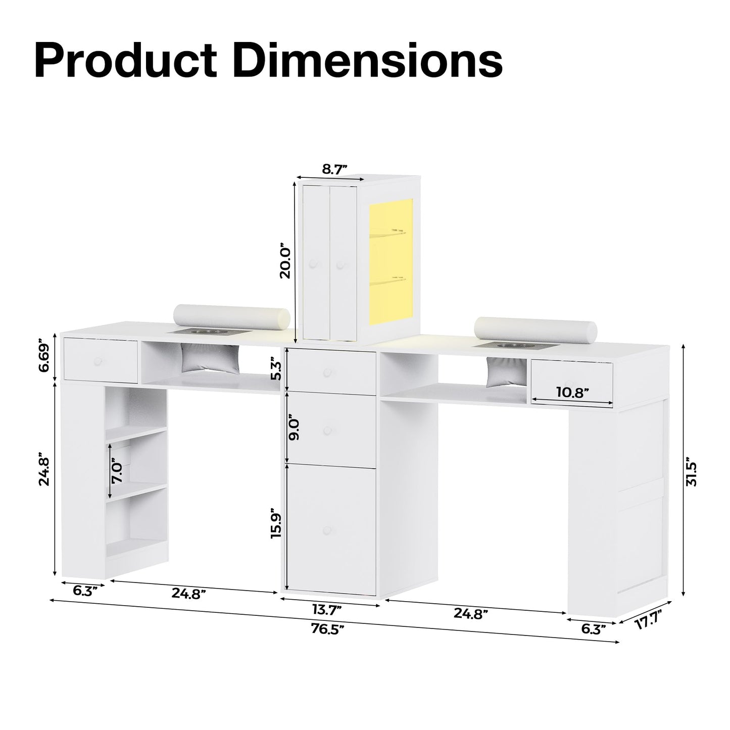 Kikihouse Double Manicure Table 76.5" Wide, 2 Person Nail Desk w/LED Light & Dust Collector, Professional Salon Workstation w/Storage Drawers, Hand Rest, for Nail Techs Beauty Salon