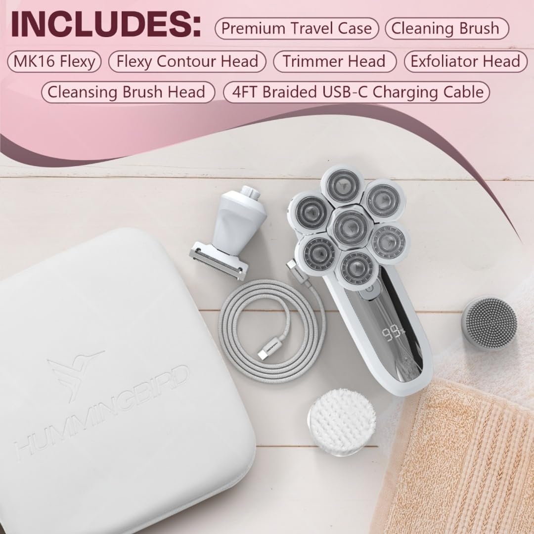 HUMMINGBIRD Flexy Electric Razors for Women – Cordless Rechargeable Waterproof Electric Leg Shaver for Silky Smooth Legs, Hair Removal Kit, Exfoliator, Cleanser, Travel Case & Bikini Trimmer for Women