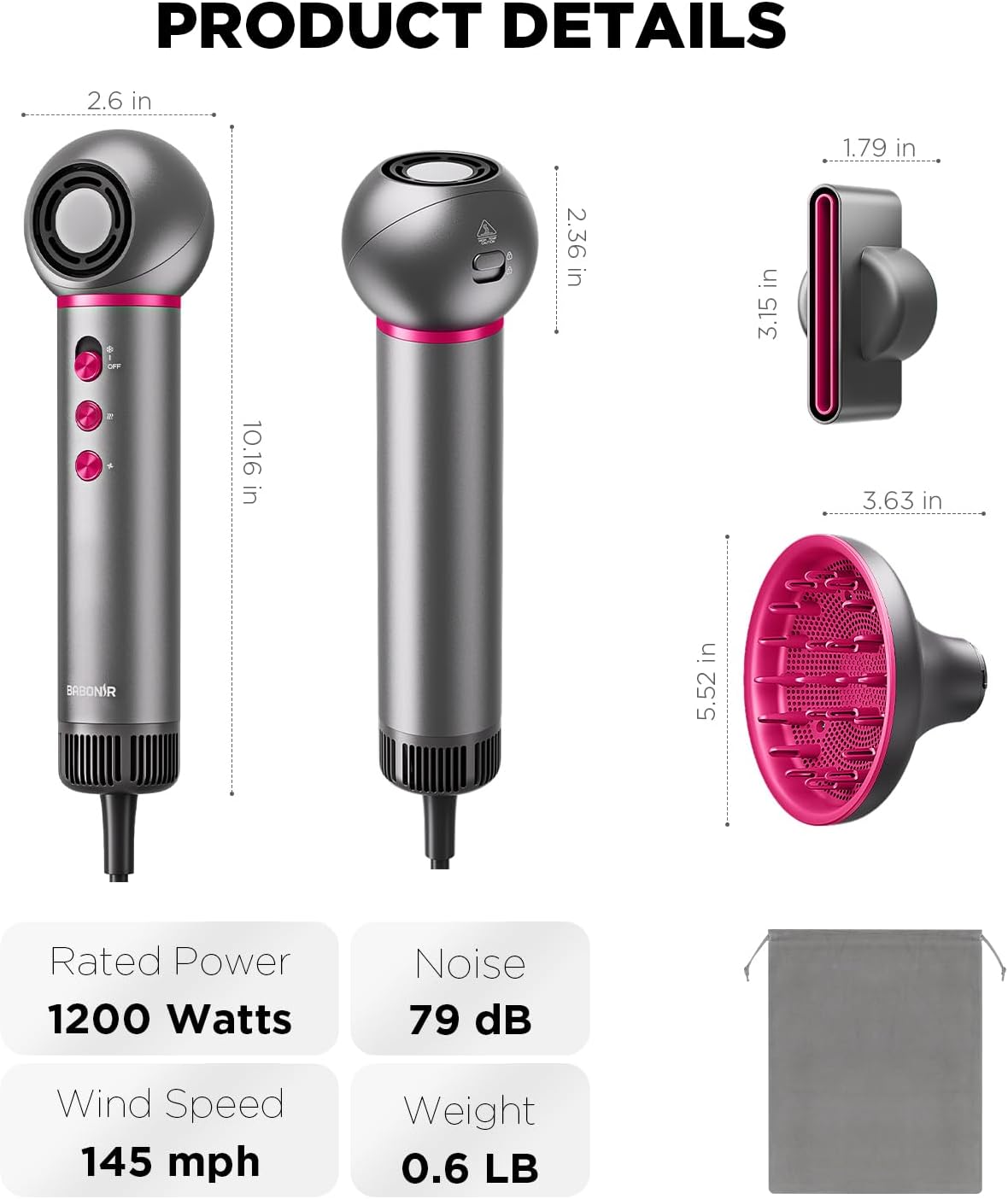 Travel Hair Dryer for Women - Lightweight 360° Rotatable Ionic Blow Dryer with Diffuser | Compact & Portable for Home & Travel