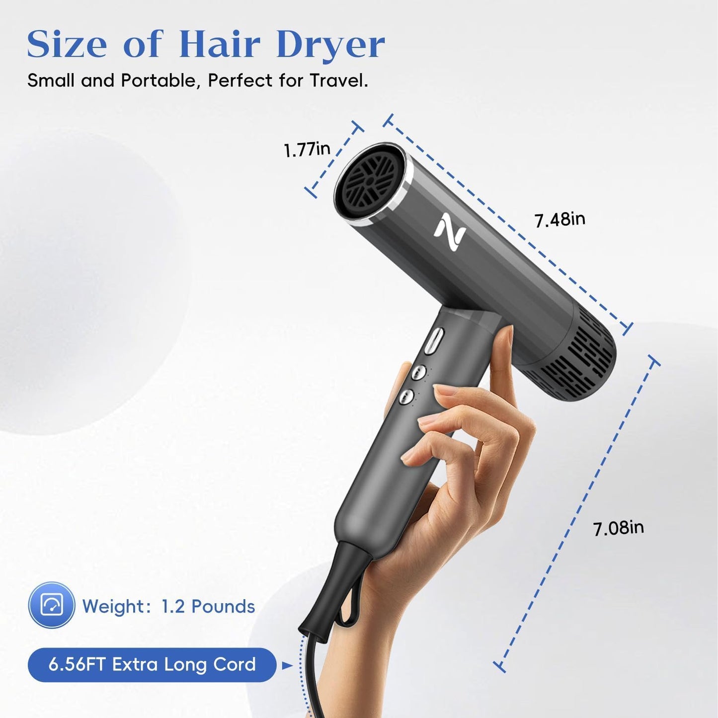 Natrial Ionic Professional Hair Dryer with Diffuser for Curly Hair,1600W&110000RPM High Speed Blow Dryer for Women,Fast Drying,Lock Function,Low Noise,Lightweight for Home Travel Salon,Grey