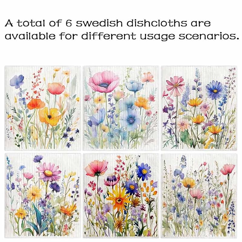 Vintage Floral Swedish Dishcloths - 6 Pack Reusable Kitchen Towels