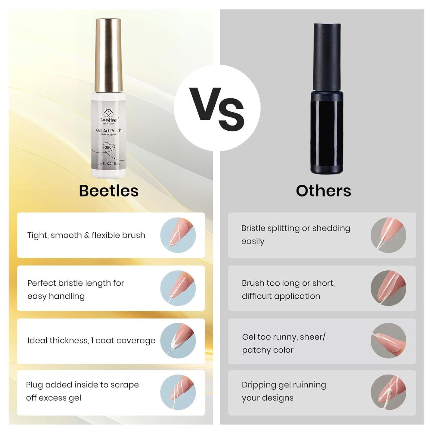 Beetles Metallic Gel Nail Polish Liner Set Silver Bronze Gold 2pcs Gel Liner Nail Art French Tip 3D High-Gloss Effect for Nails Paint Design with Build in Thin Brush DIY Soak Off Uv Lamp Manicure