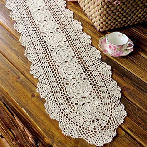 Beige Cotton Handmade Crochet Lace Table Runner Doily 12x27 Inch