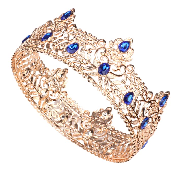 YADIRF Gold Men Crown with Blue Stone Adult Regal Tiara Birthday Prom Wedding