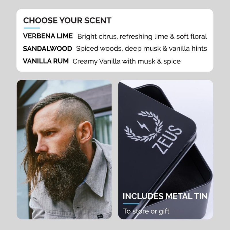 ZEUS Everyday Beard Kit for Men, Facial Hair Shampoo, Conditioner, Oil, Balm & Tin Gift Box, Premium Father's Day Beard Care & Grooming Set (Made in USA) Sandalwood