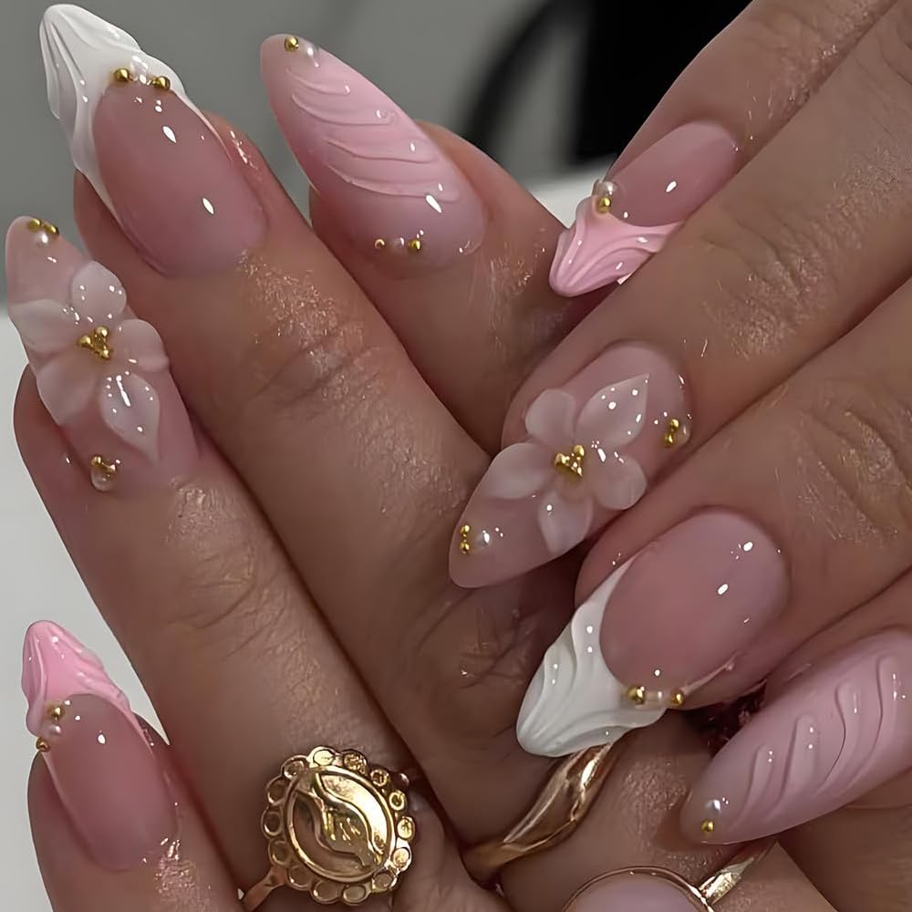 Red French Tip Press-On Nails - Almond Shape with 3D Crystal Designs | 24 Pcs Reusable Nail Kit for Manicure