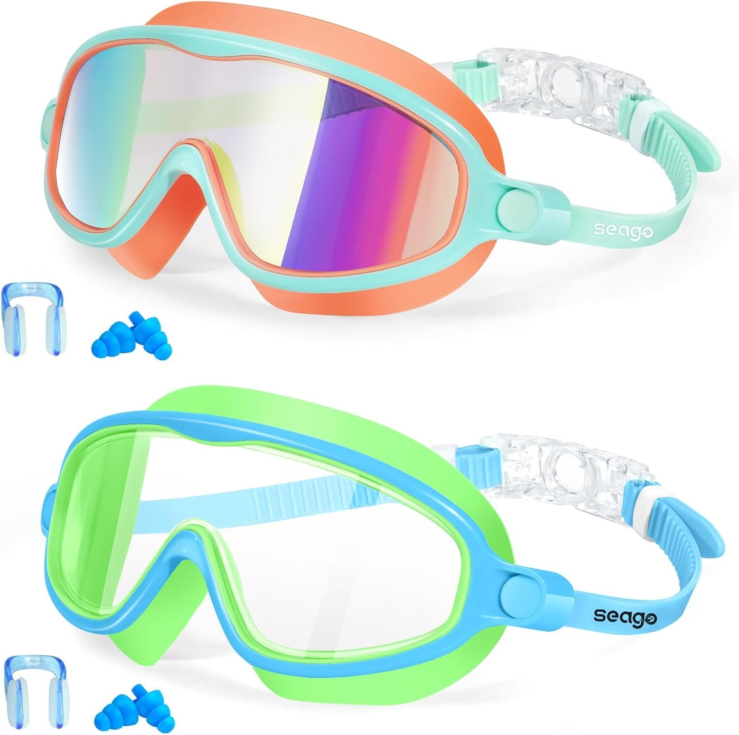 Seago Swim Goggles - Anti-Fog, Anti-UV Wide View for Kids 3-14 | 2 Pack