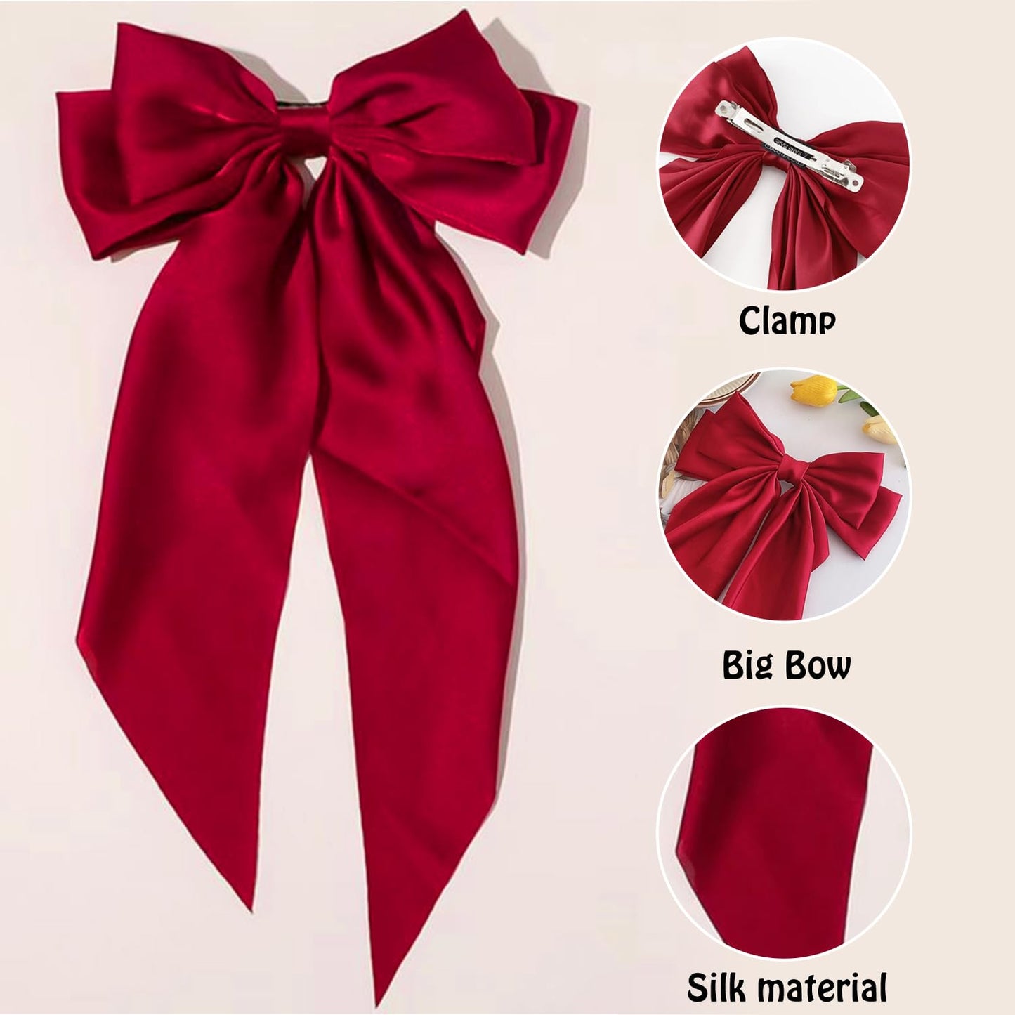 3 PCS Hair Bows for Women - Elegant Black Satin Clips for Chic Ponytails | Stylish Big Ribbons
