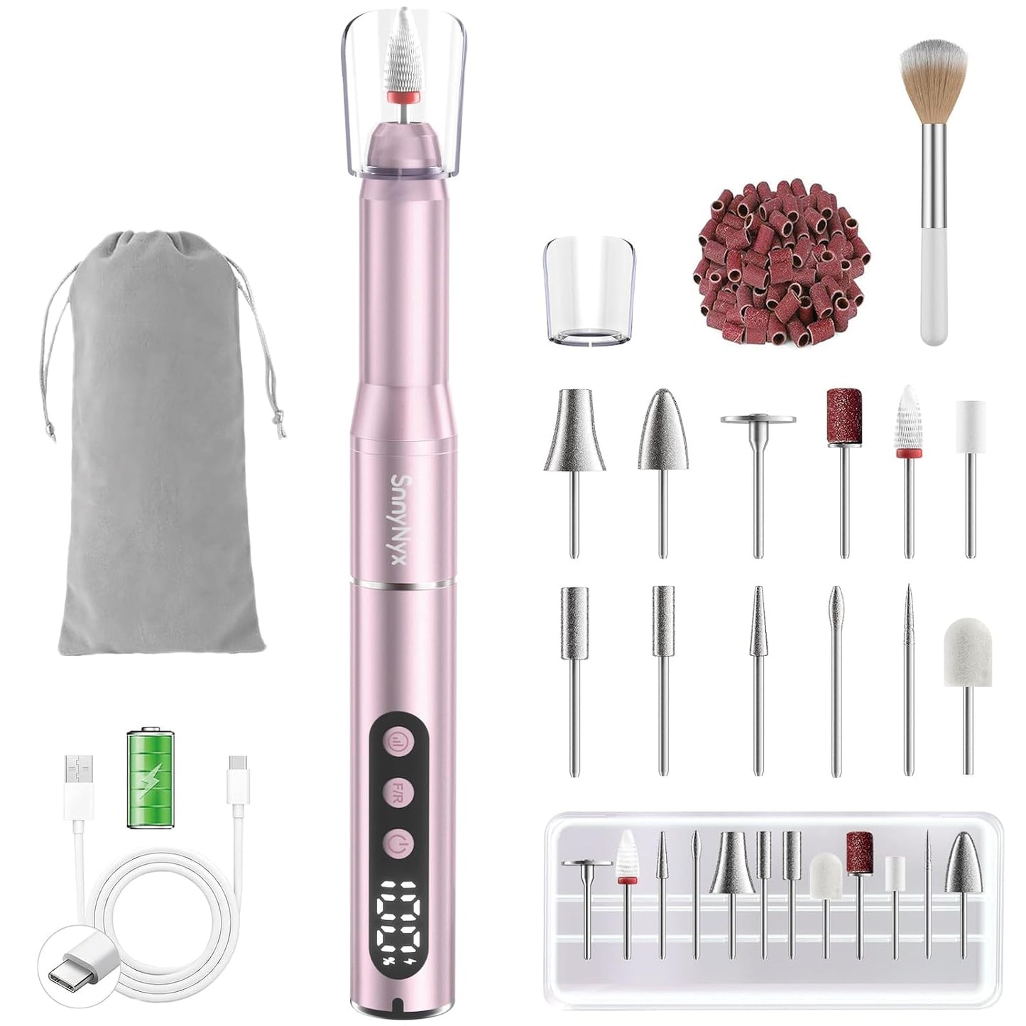 Cordless Electric Nail Drill - 35000 RPM Professional Nail File Kit with LCD Display | 12 Bits & 36 Sanding Bands for Acrylic Gel Nails & Pet Claws (Matte Gray)