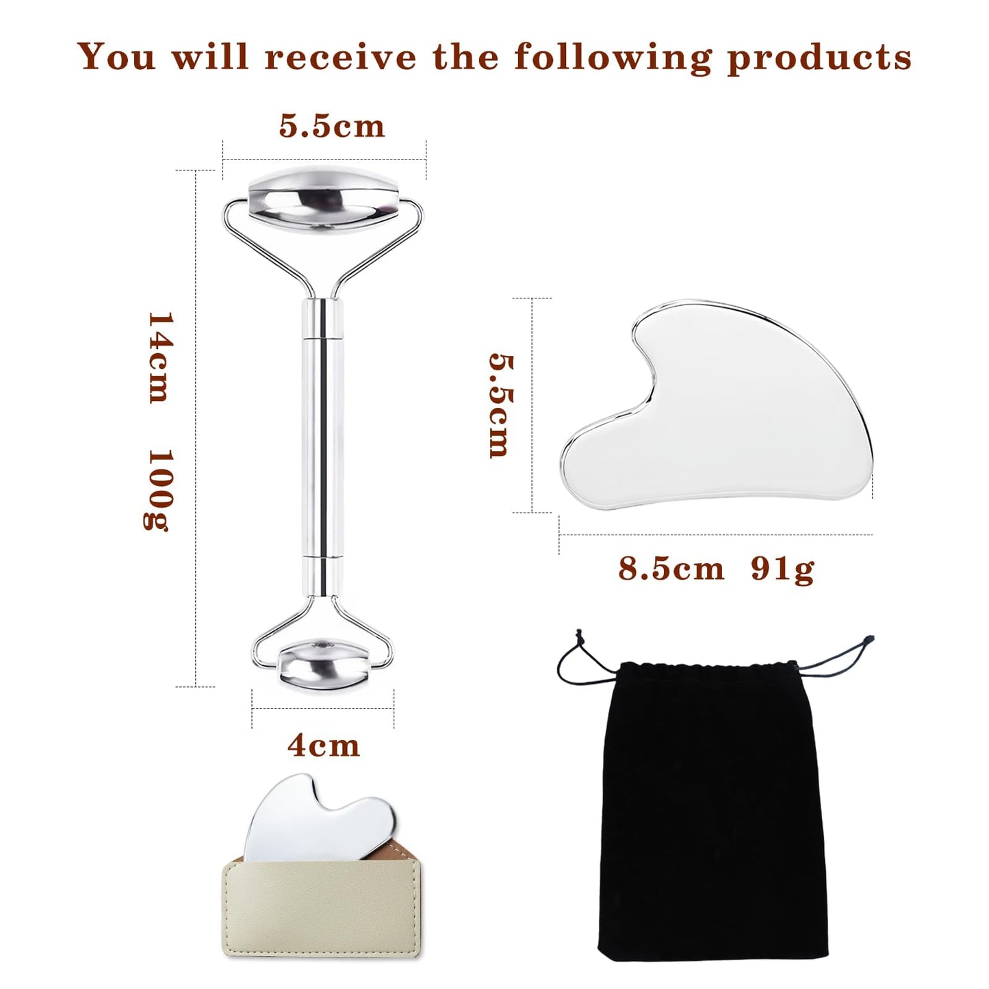 Unfovi Stainless Steel Gua Sha and Face Roller Set Facial Massager Tools, Lymphatic Drainage Massager Metal Gua Sha Skin Self Care Gifts for Women