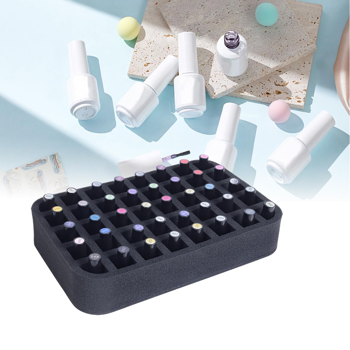 YAHOURWAT Nail Polish Organizer Holder Foam Pad with Slots for Storage 40 Bottles (15ml/0.5fl.oz) Nail Polish or Essential Oil Tray for Drawers Black