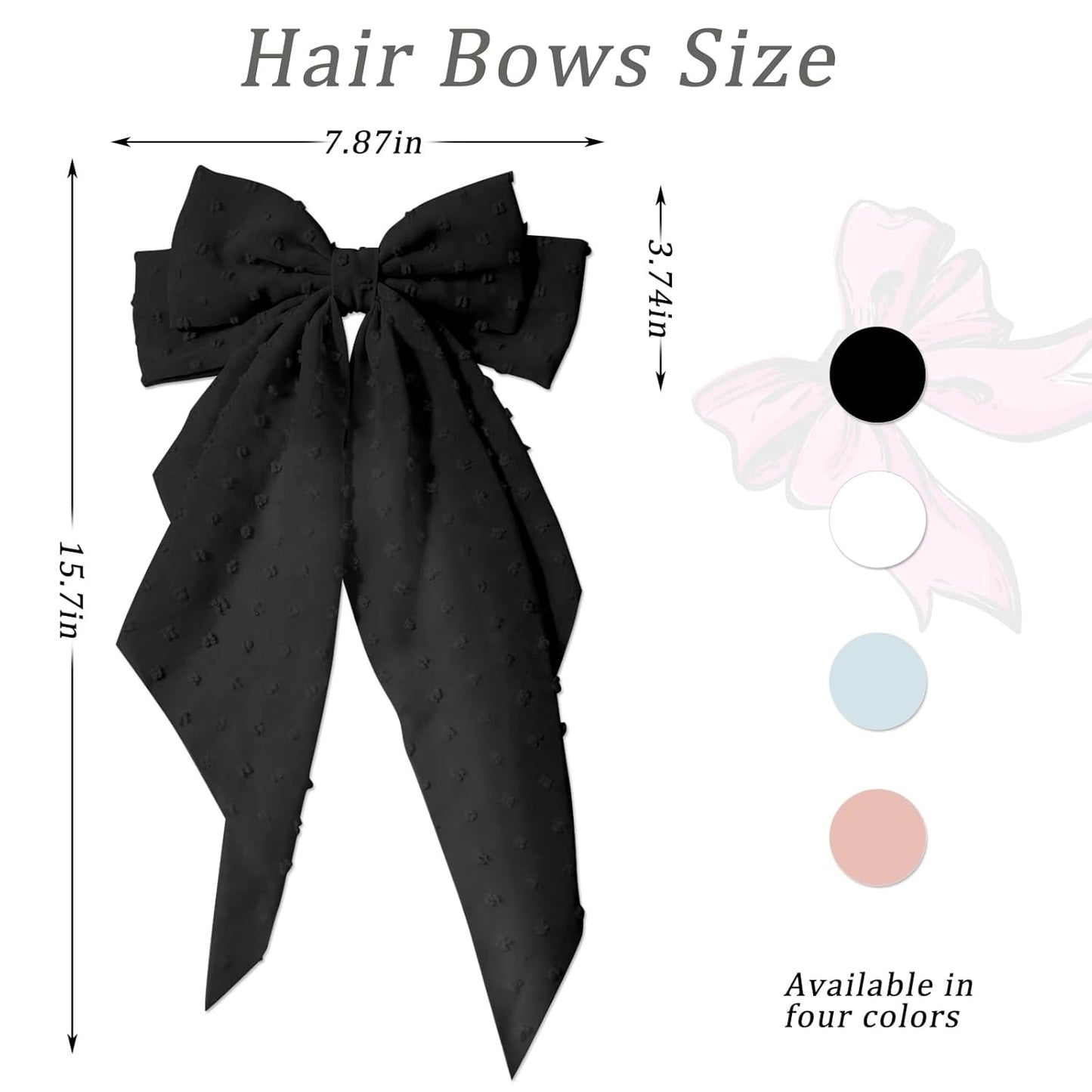 Large Hair Bows for Women - 4 Pcs Big Bow Clips | French Barrette Bowknot with Long Tail (Pink, Blue, White, Black)