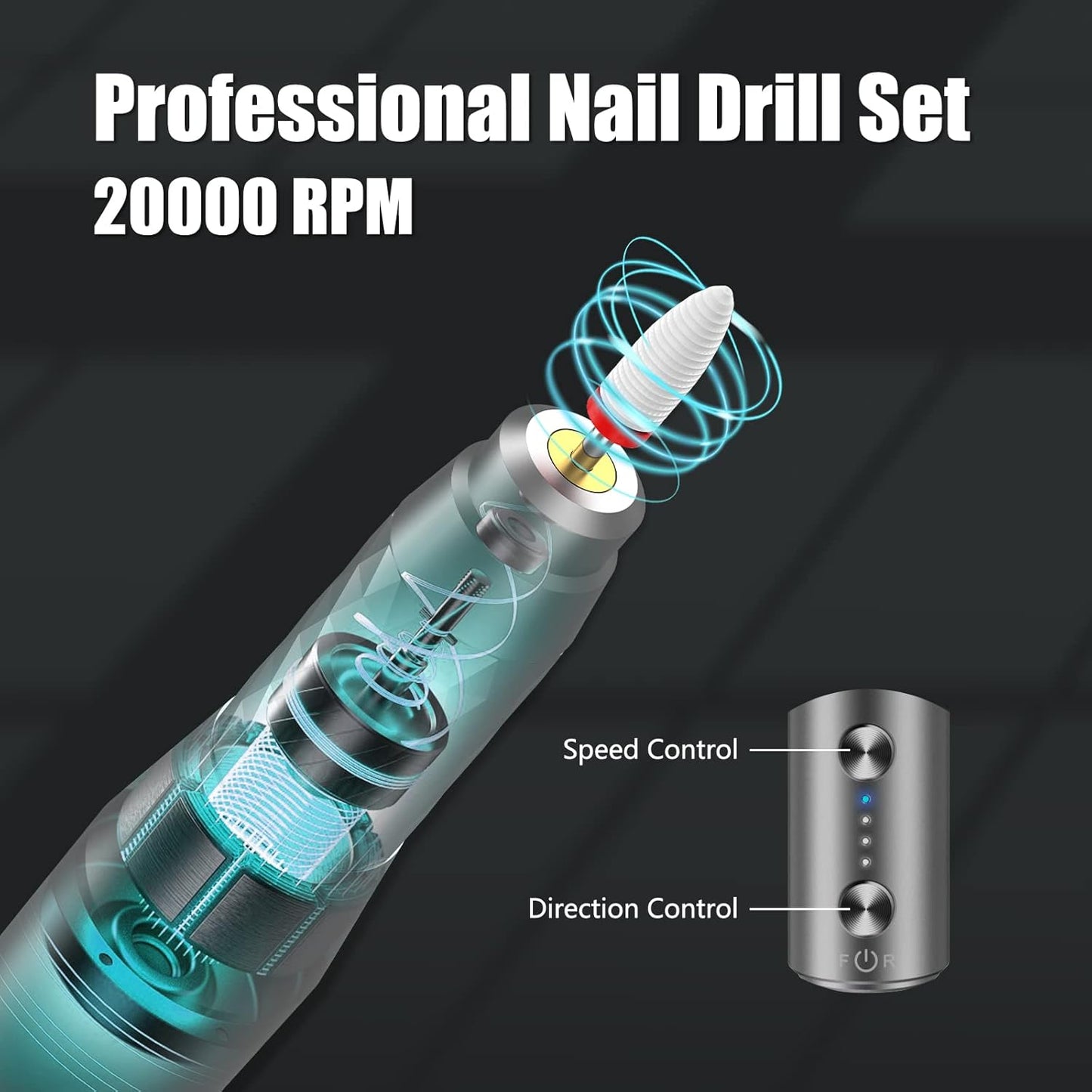 Electric Nail Drill Machine - Professional Cordless Efile Kit for Acrylic & Gel Nails | Rechargeable Manicure & Pedicure, Gray