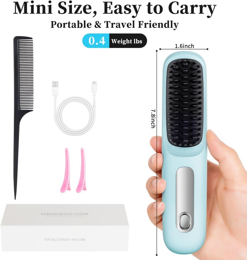 Go Brush Pro Cordless Straight Hair Brush - Portable Scald-Proof Mini Comb with 3 Temperature Settings & LED Display | Light Blue