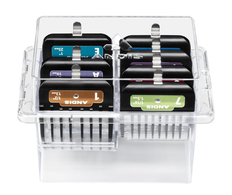 Andis 562014 Premium Clip Animal Comb Set – Built with Plastic, Includes 7 Color Coded Combs of Different Sizes, Metal Clip to Attach Comb - Fits Ultra Edge & Ceramic Edge Blades, Multicolor