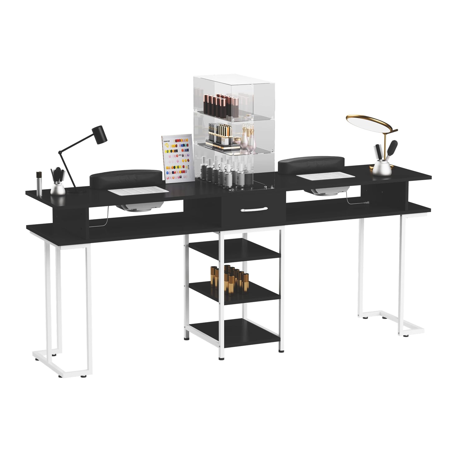 TABU Double Manicure Table,Large Nail Desk for Nail Tech with Acrylic Cabinet and Large Drawers, Beauty Salon Nail Workstation with Dust Collector and Wrist Cushion, Black