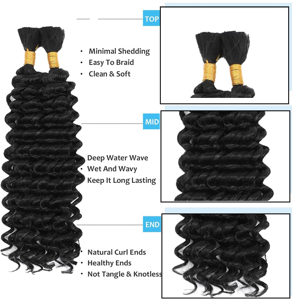 1B Boho Hair For Braiding Black Human Braiding Hair Pre Stretched Color 1B Deep Curly Wave Braids Natural Black Bulk Bohemian Braids HuxoWax 100g 24 24 Inch