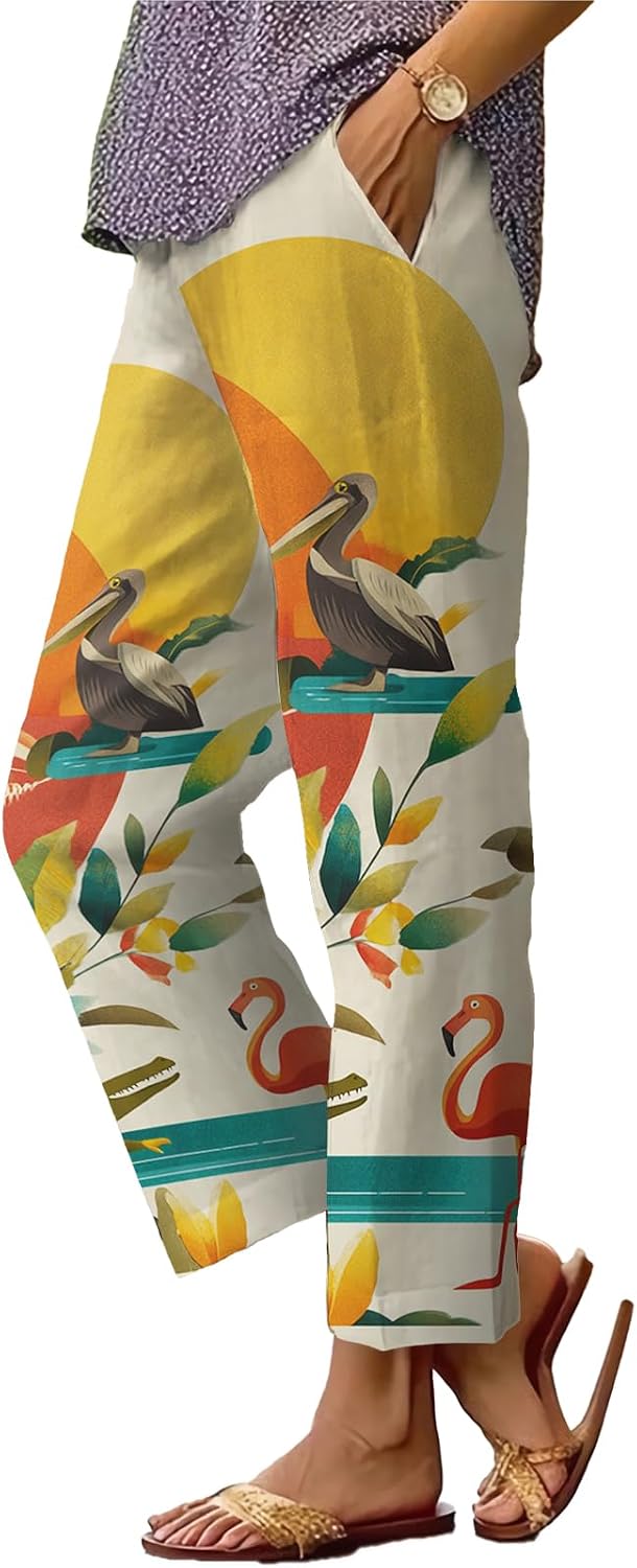 Womens Plus Size Floral Boho Capris - Elastic Waist Beach Trousers | Casual Summer Pants
