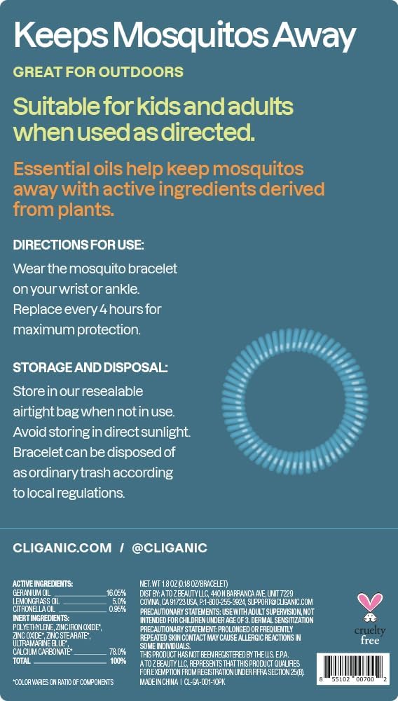 Cliganic Mosquito Repellent Bracelets - DEET-Free Natural Bands for Adults & Kids | 10 Pack, Individually Wrapped