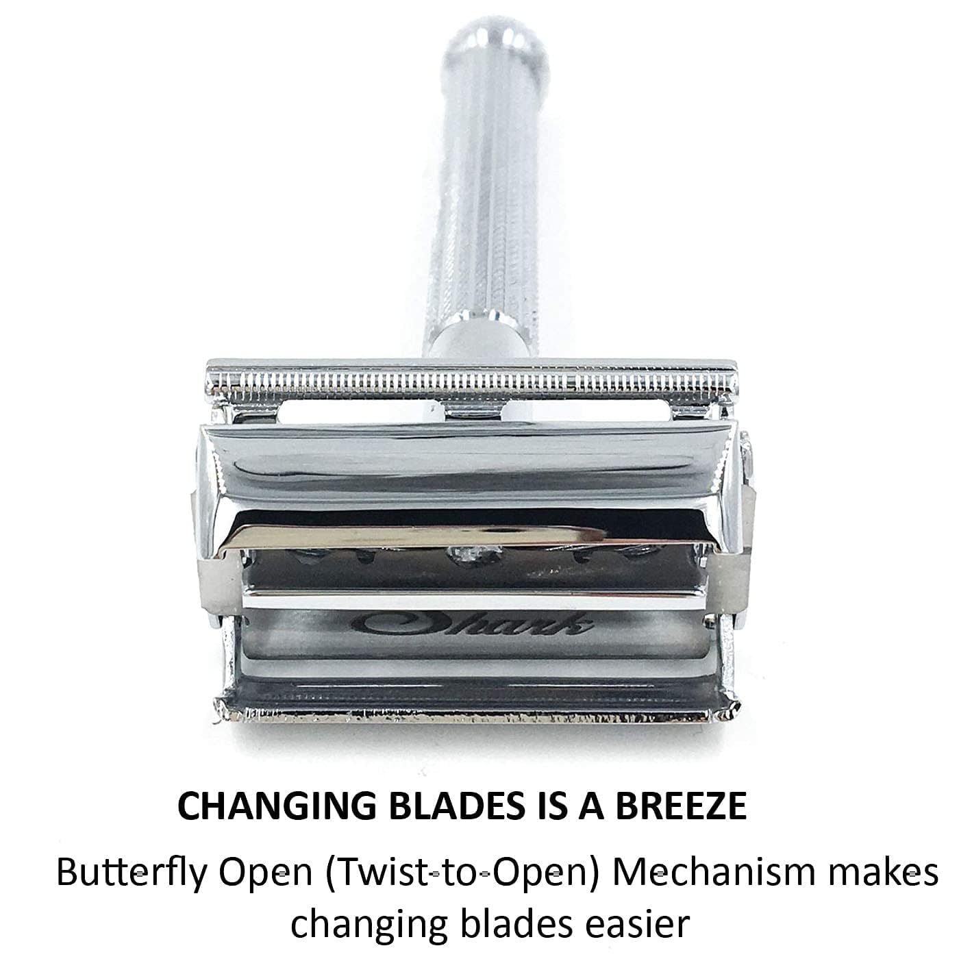 Parker 29L Chrome, Long Handle Butterfly Open Double Edge Safety Razor for Men & Women, 5 Parker Premium Platinum Double Edge Razor Blades Included