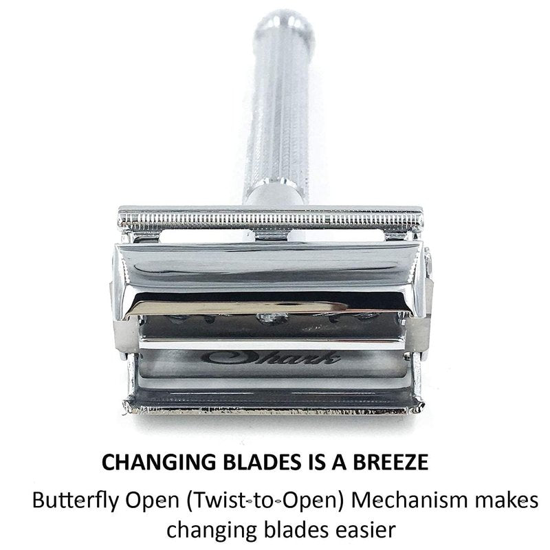 Parker 29L Chrome, Long Handle Butterfly Open Double Edge Safety Razor for Men & Women, 5 Parker Premium Platinum Double Edge Razor Blades Included