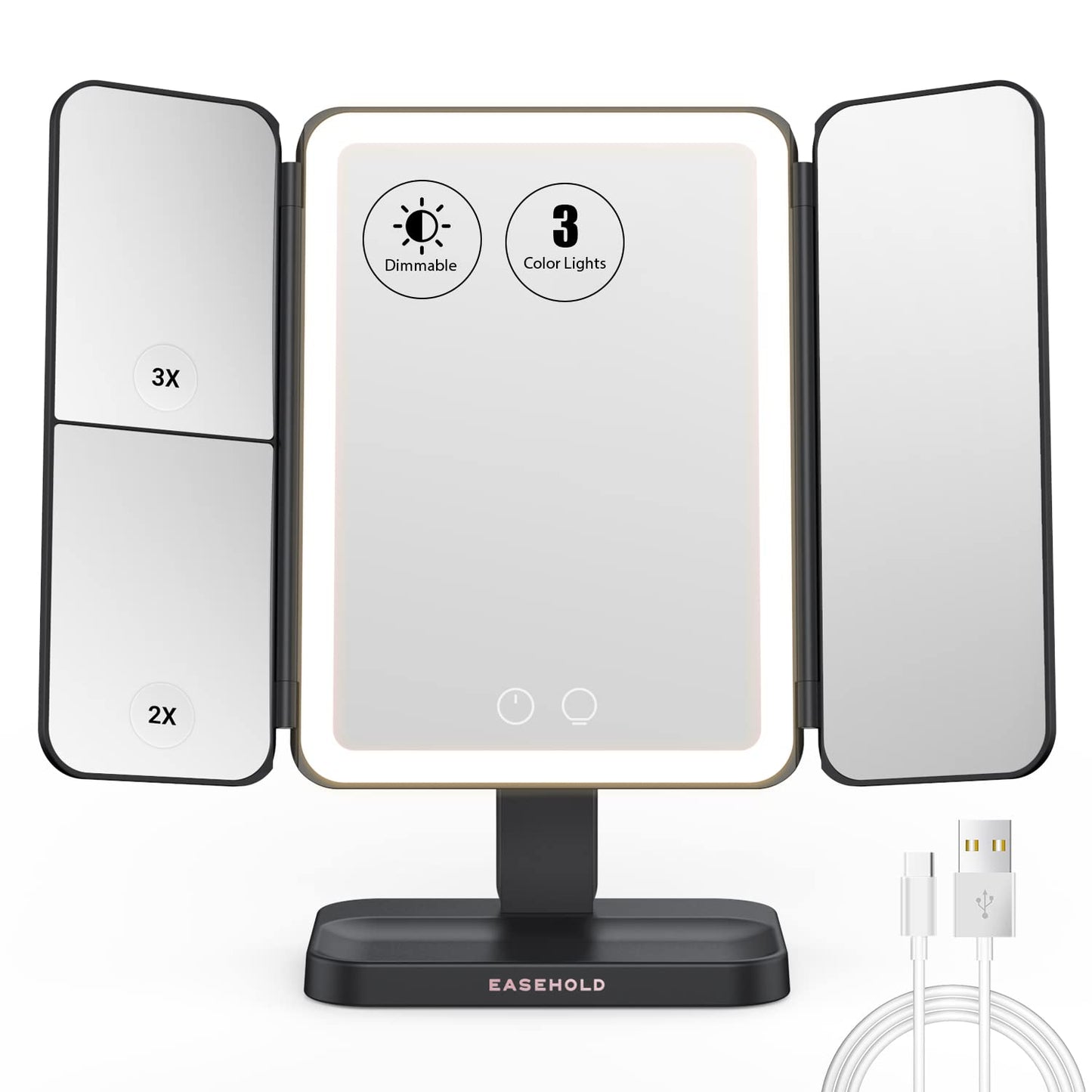 Rechargeable Trifold Lighted Makeup Mirror - 1X/2X/3X Magnification, 3 Color LED Lights | Foldable Vanity Mirror for Travel & Home