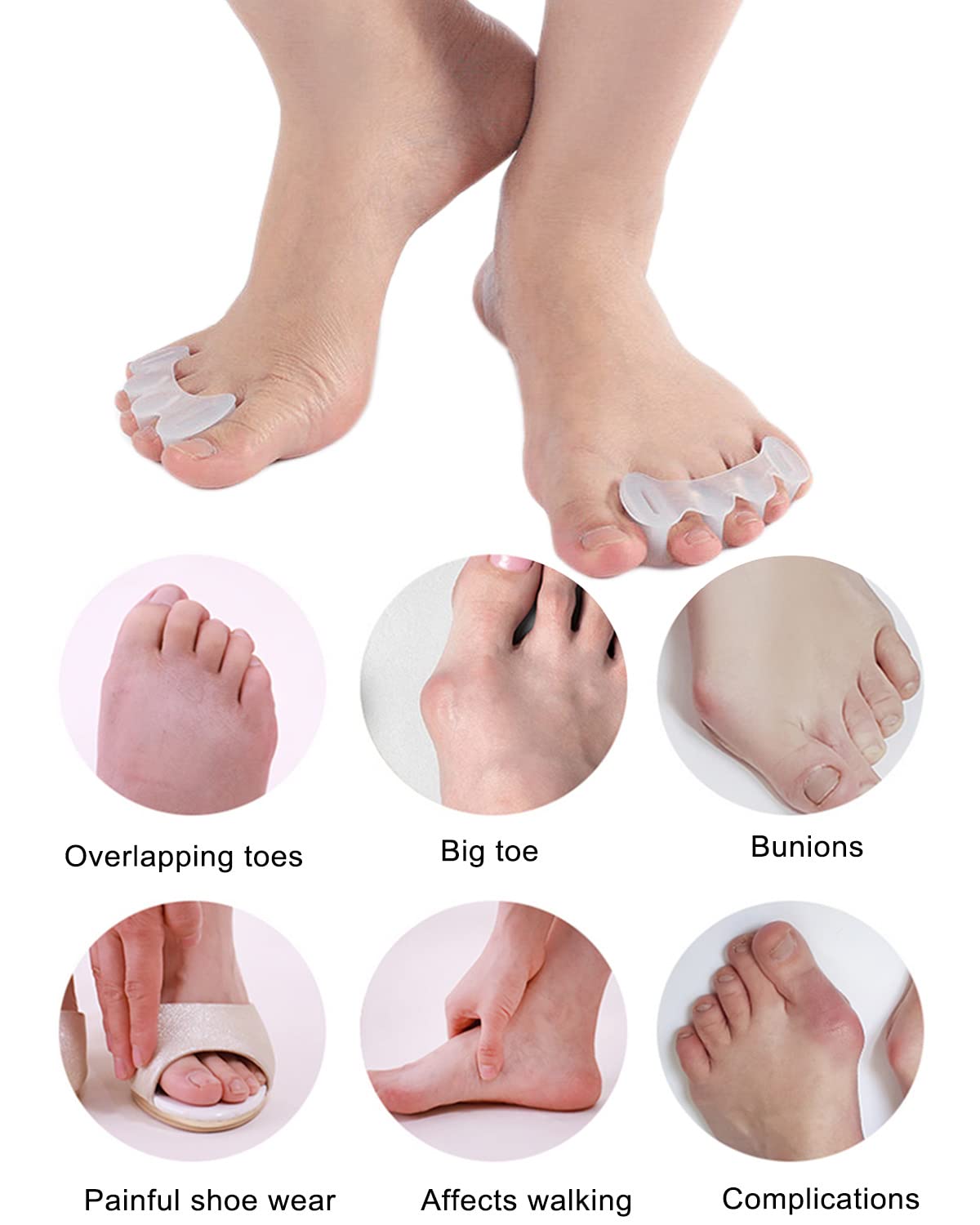 2Pairs Toe Separators Toe Spacers for Women Men to Correct Bunion, Relieve Feet Pain, Foot Alignment, Toe Straighteners for Hammertoes, Plantar Fasciitis (L, Women Shoe Size 13+, Men:11.5+)