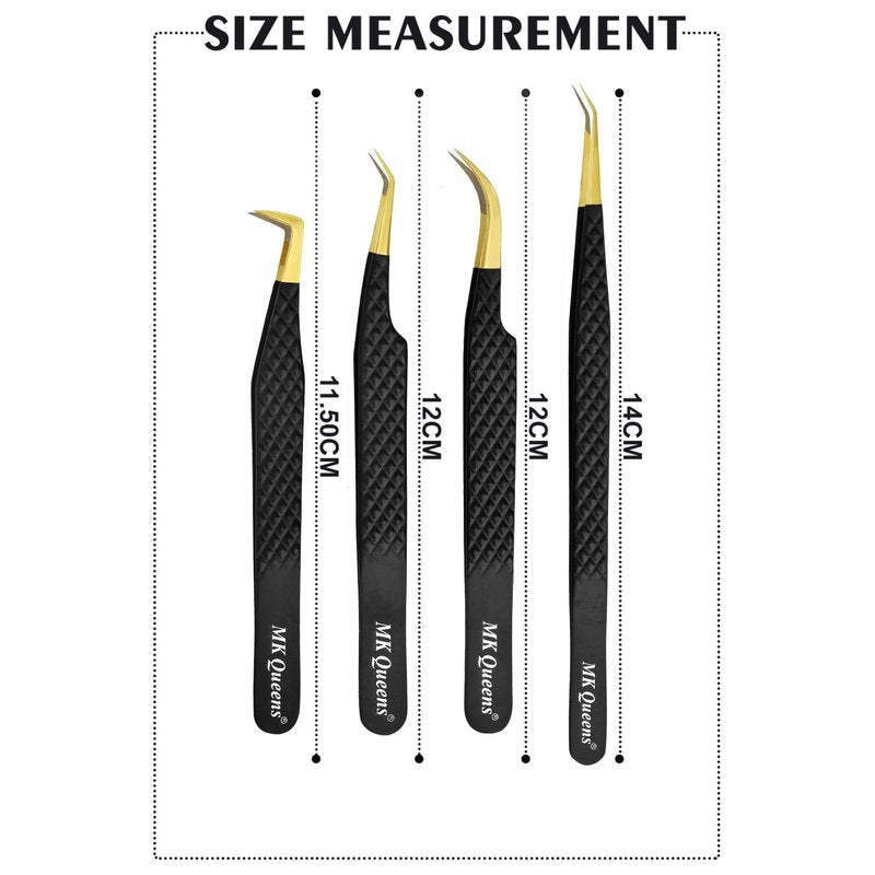 MK Queens Lash Tweezers - Stainless Steel Fiber Tip Eyelash Tweezers (Set of 4) - Diamond Grip Professional Lash Tweezers for Eyelash Extensions (Black)