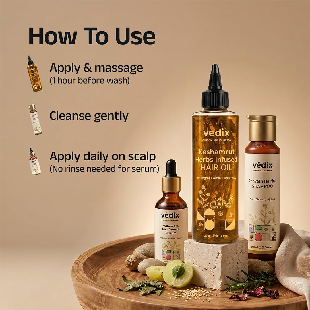Vedix Keshamrut Hair Care Combo With Keshamrut Herbs Infused Hair Oil, Davath Hairfall Shampoo and Vithan Pro Hair Growth Serum (100 ml + 200 ml +40ml)