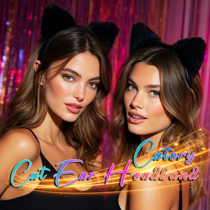 Catery Black Fuzzy Cat Ears Headband Halloween Costume Accessory for Women