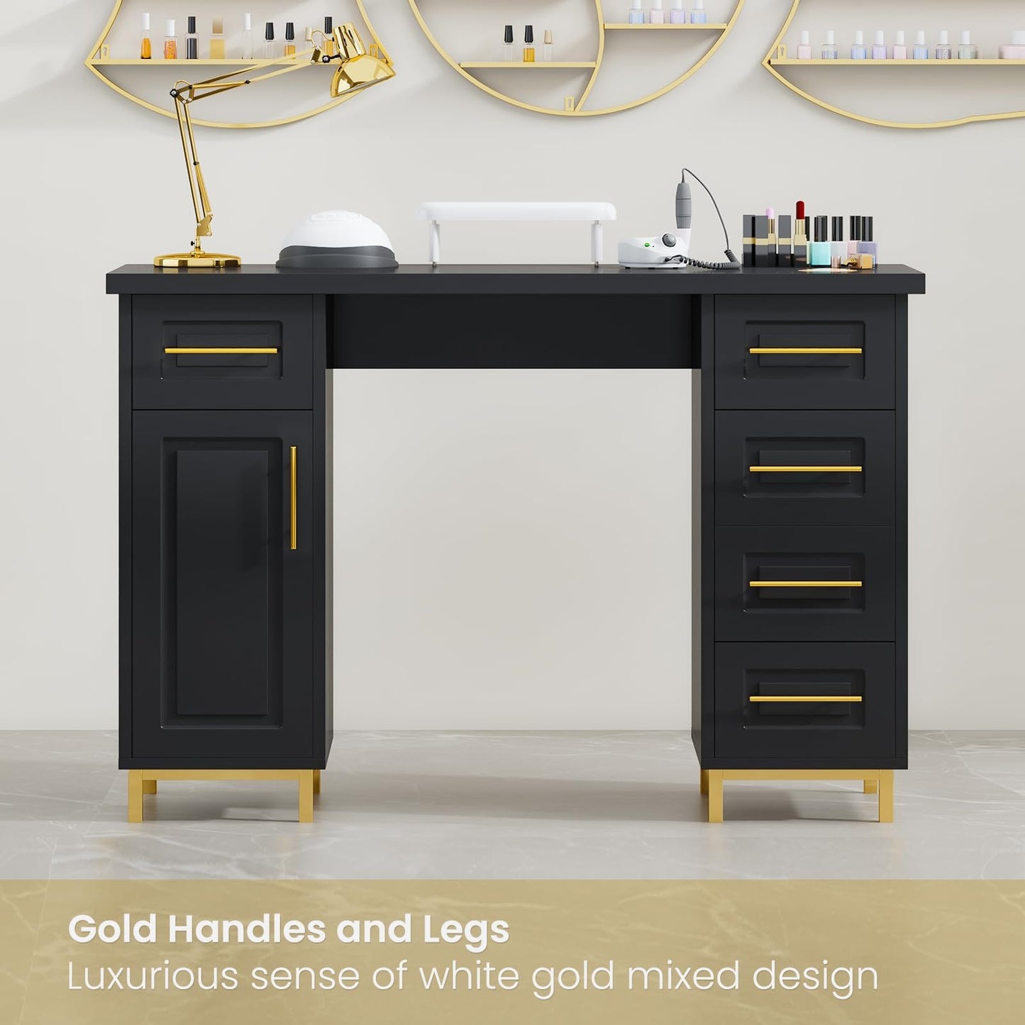 MaverickFurni Black and Gold Nail Tech Desk with Drawers, 43 Inch Manicure Table with Storage for Nail Tech, Nail Makeup Beauty Salon Table with 5 Drawers and Cabinet, Wooden Salon Spa Desk