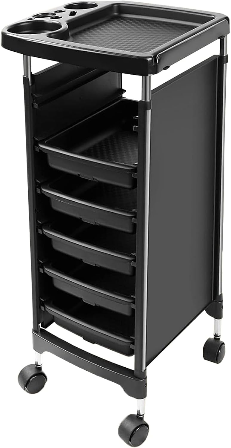 Salon Trolley Cart with Wheels - 5 Drawer Rolling Station for Hair Stylists | Black Hairdressing Equipment