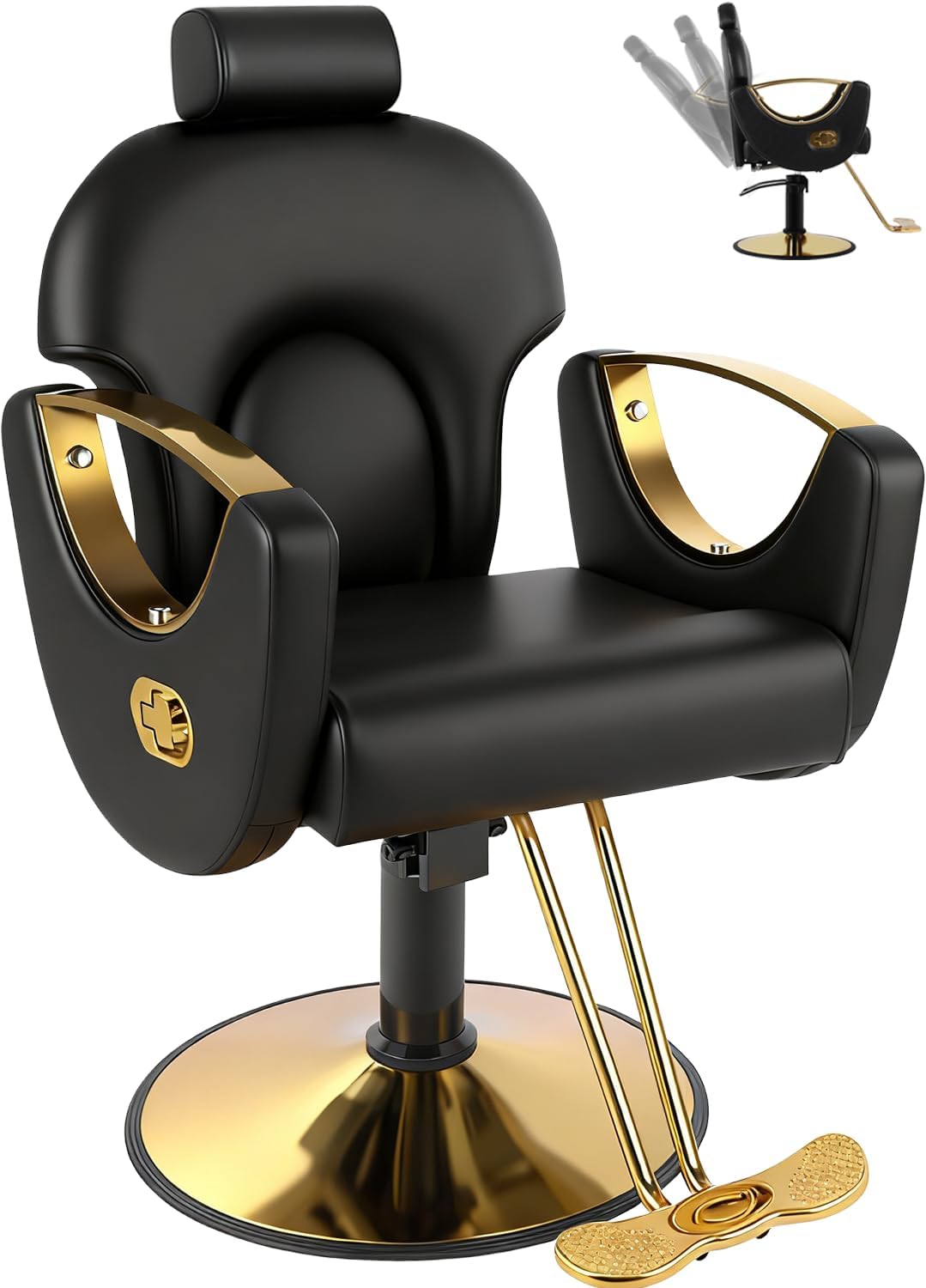 Professional Barber Salon Chair - Heavy Duty Hydraulic Design, 135° Recline, 360° Swivel | Black and Gold PU Leather