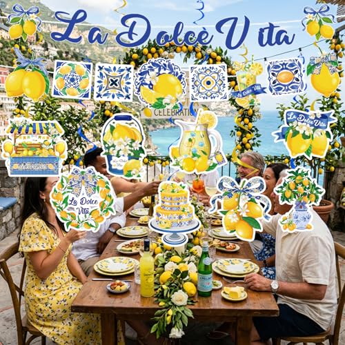 La Dolce Vita Party Decorations Set - 10pcs Lemon Banners & Swirls
