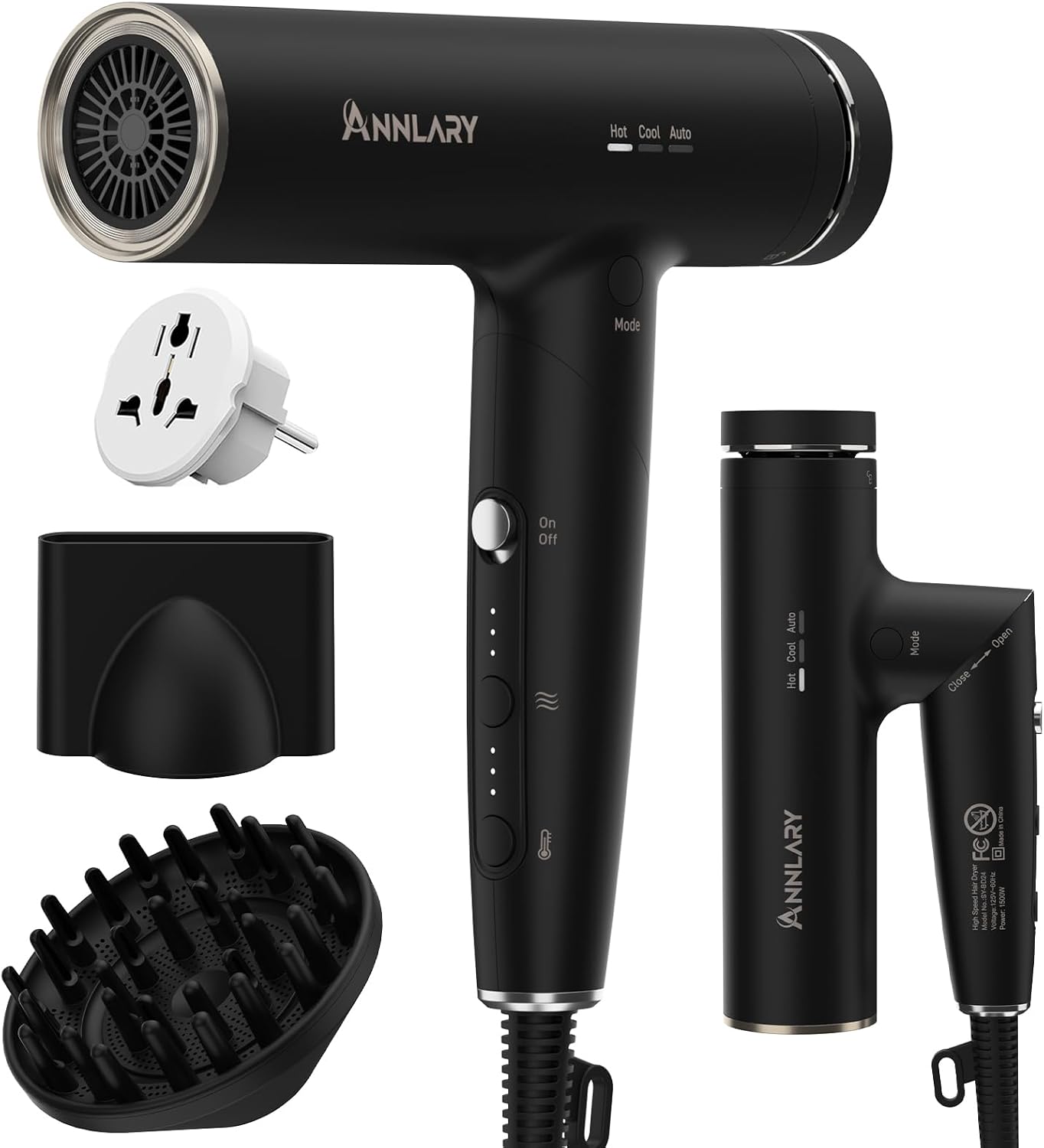 Annlary Hair Dryer - Ionic Blow Dryer with Diffuser for Curly Hair | Low Noise, Foldable Travel Design | 6.5Ft Cord, Magnetic Nozzle