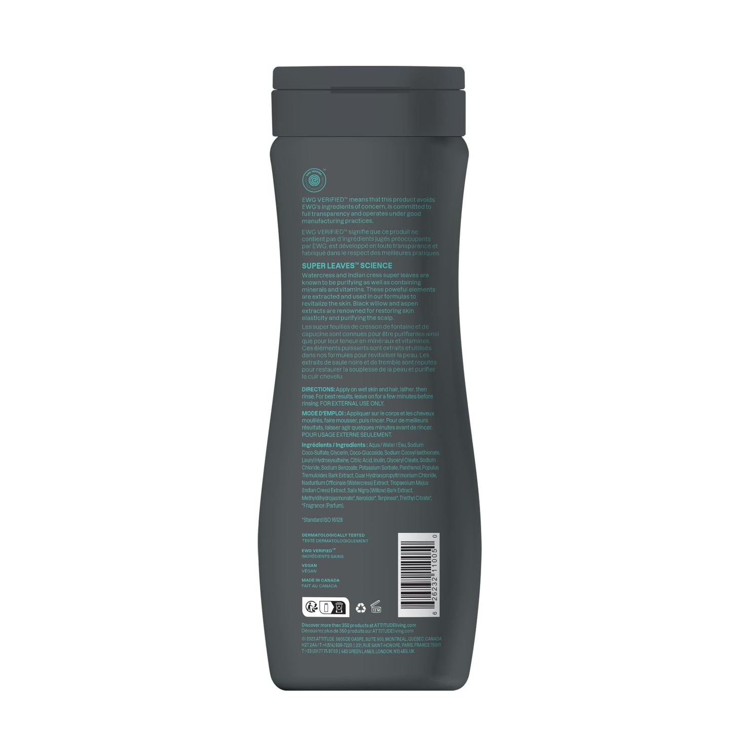 ATTITUDE 2-in-1 Body Wash and Hair Shampoo, EWG Verified Shower Gel, Dermatologically Tested, Made with Naturally Derived Ingredients, Vegan Personal Care, Black Willow and Aspen, 16 Fl Oz
