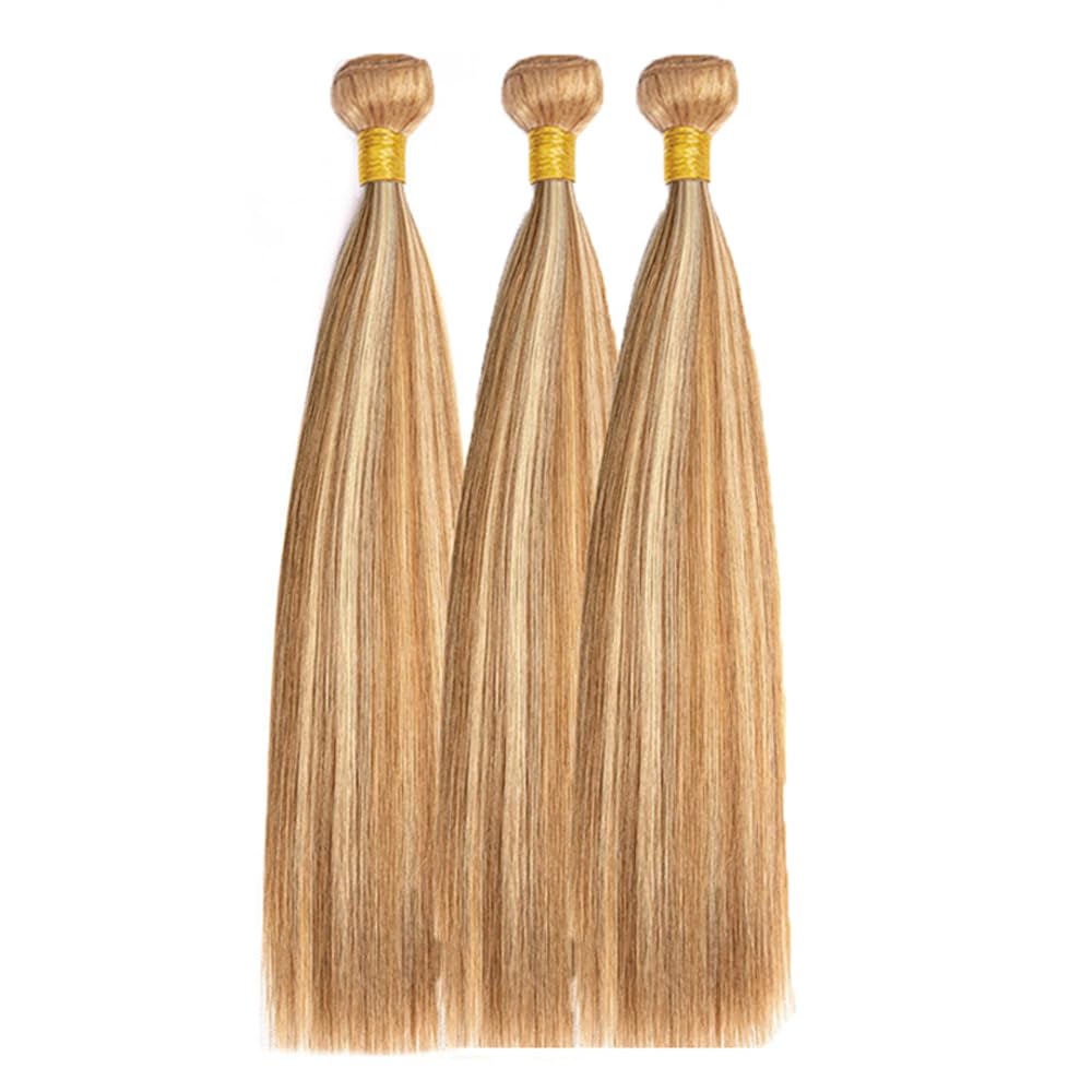 P27/613 Honey Blonde Bundles Human Hair Straight Bundles 12 14 16 Inch Highlight Blonde Unprocessed Brazilian Virgin Hair 3 Bundle Deals Quick Weave Hair Extensions 50 Gram Per Bundle