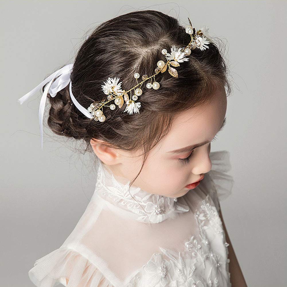 Flower Girl Headpiece White Little Daisy Gold Leaf Faux Pearls Rhinestone Floral Leaves Hair Accessories Girls Bridal Party Wedding