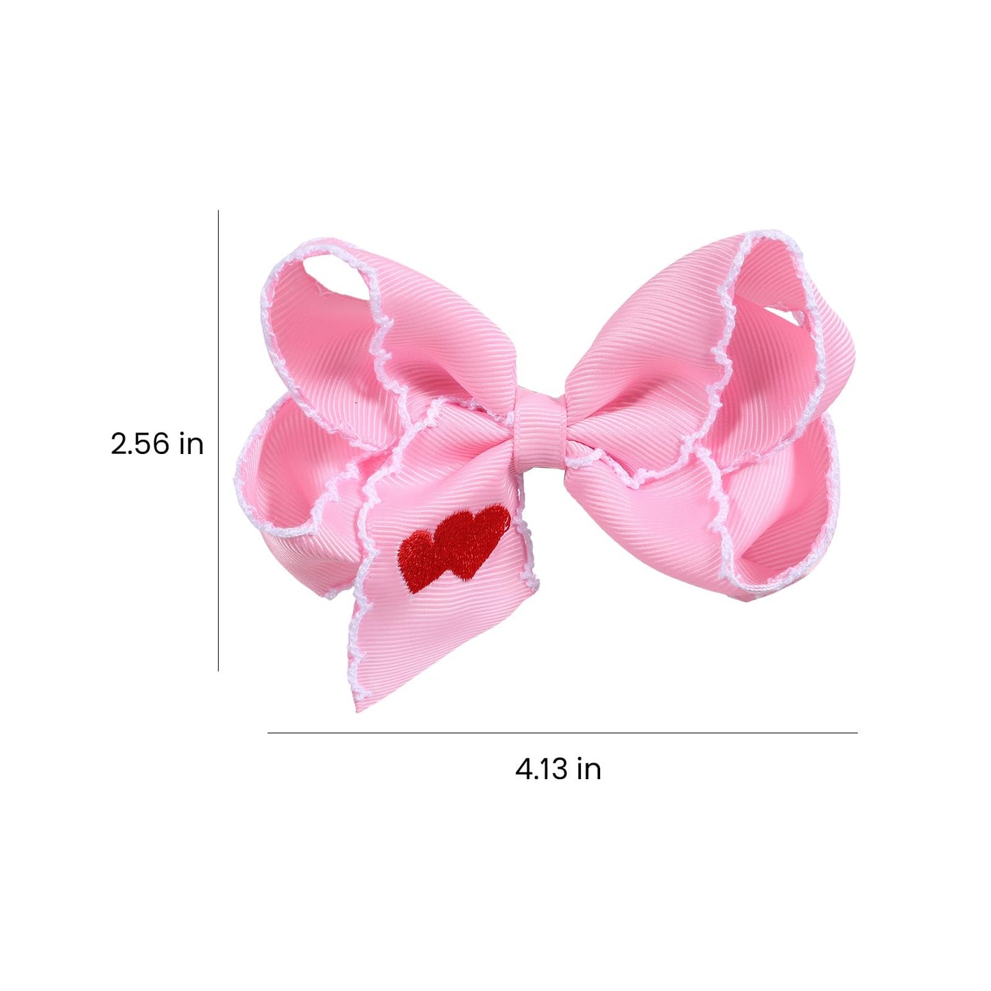 Valentine Pink Hair Bows 2pc 4in Red Love Heart Embroidered Ribbon Bowknot Alligator Clip Gift for Teen Girls Women Birthday Wedding Dance Party Dress Decor Accessory