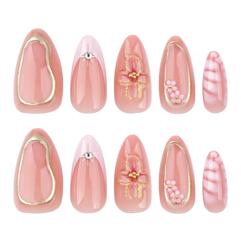 Spring Almond Press-On Nails - 24Pcs Short French Tip with 3D Flower Charms & Rhinestones | Flesh Pink Floral Stiletto Acrylic Nails