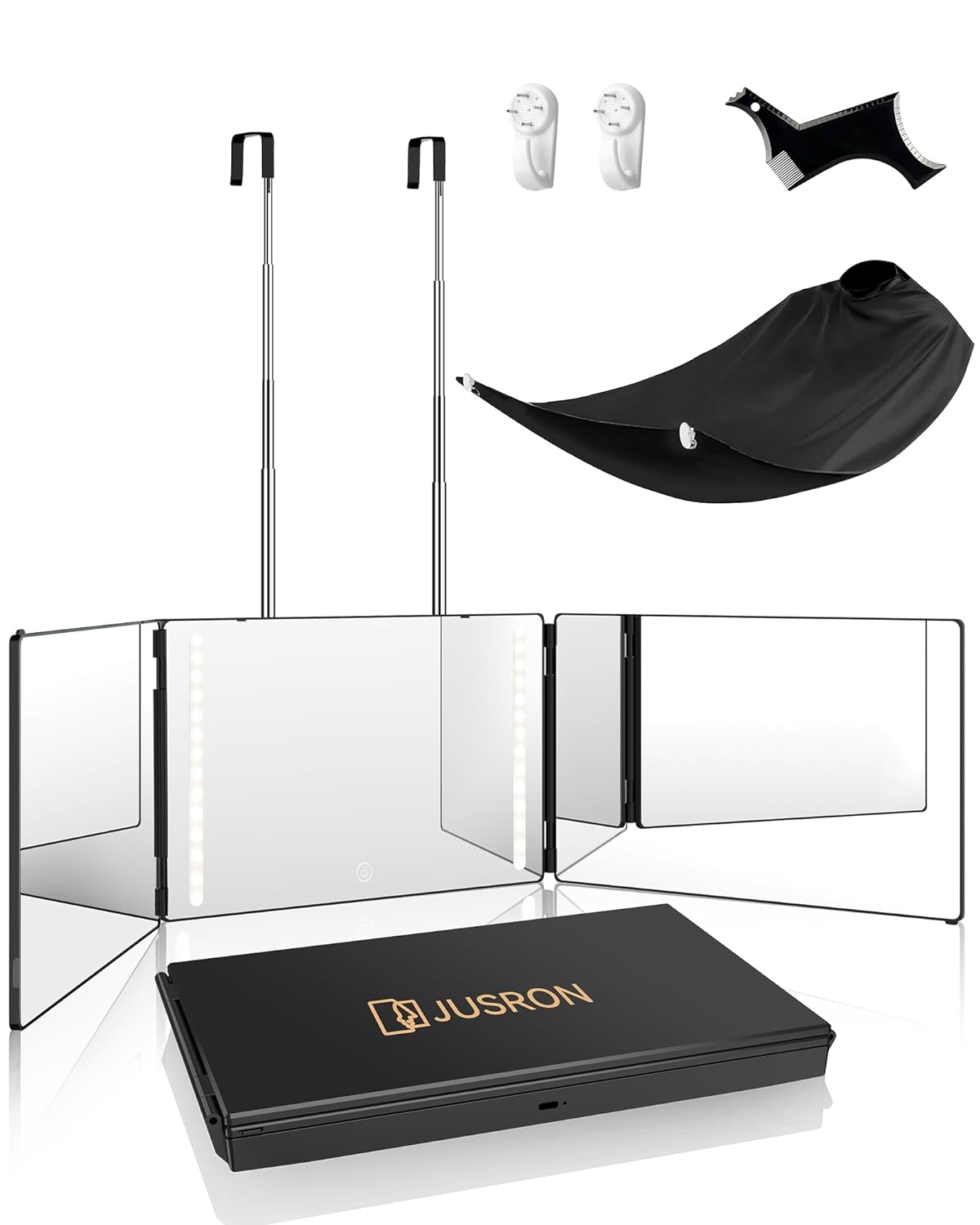 JUSRON 360-Degree Self Hair Cutting Mirror - Clear Anti-Fog HD Glass | Black, No LED or Accessories