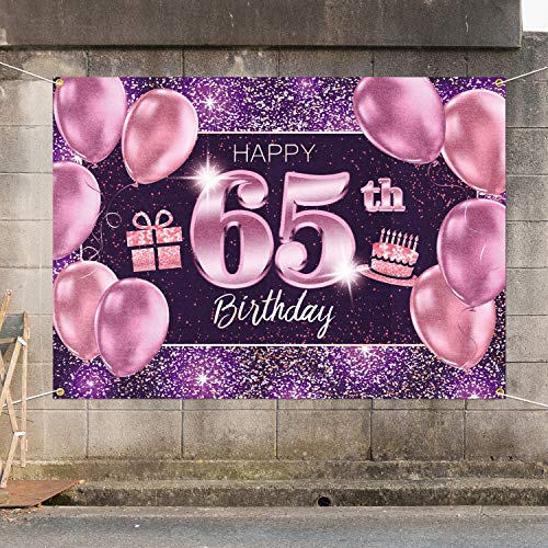 65th Birthday Banner Backdrop - Pink Purple Gold 4x6ft Party Decor