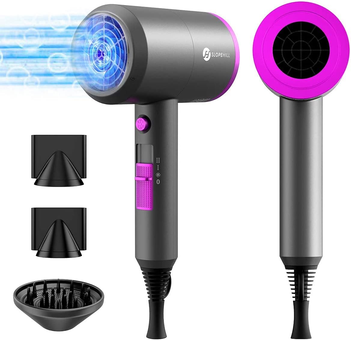 Ionic Hair Dryer - Powerful 1800W Fast Drying with Low Noise | 2 Concentrator Nozzles & 1 Diffuser - Agate Red