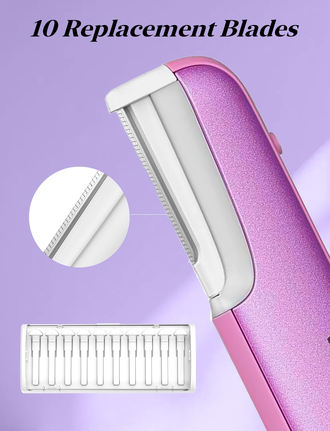 WLU Dermaplane Razor for Women Face, Rechargeable Dermaplaning Tool for Face with Sonic Technology, 3 Speeds LED Light 10 Blades for Women Royal Purple
