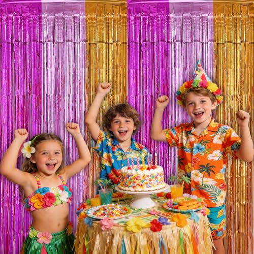 Peach Pink & Orange Hawaiian Foil Fringe Backdrop - 2 Pack 3.2x6.6ft